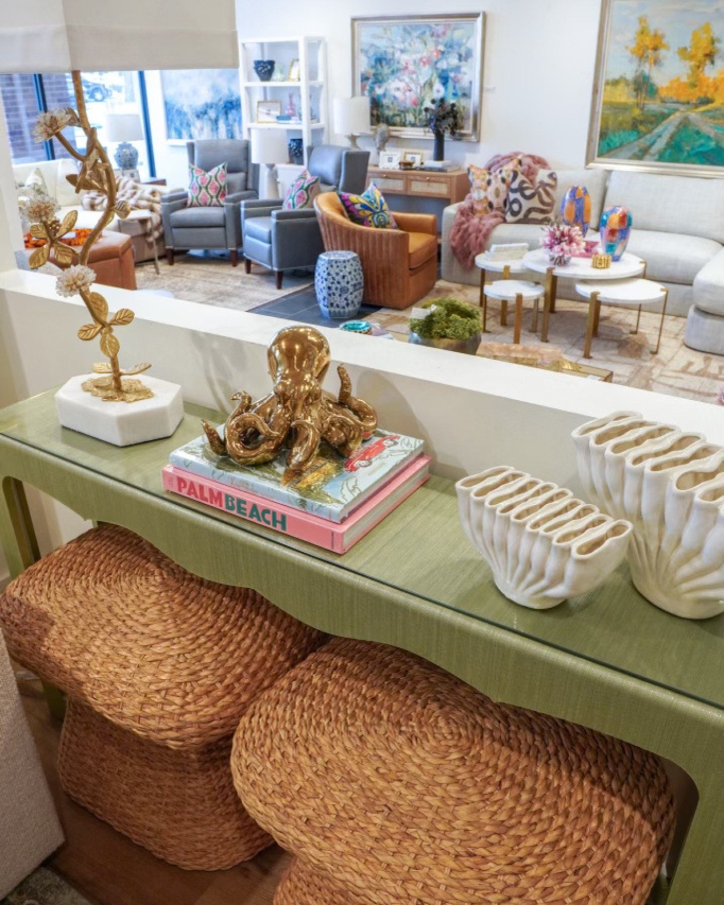 Lucky in layers.

A sculptural lamp brings height, books add personality, and woven texture grounds the palette, allowing the soft green foundation to shine.
#henryhomeinteriors #greendecor #designdetails