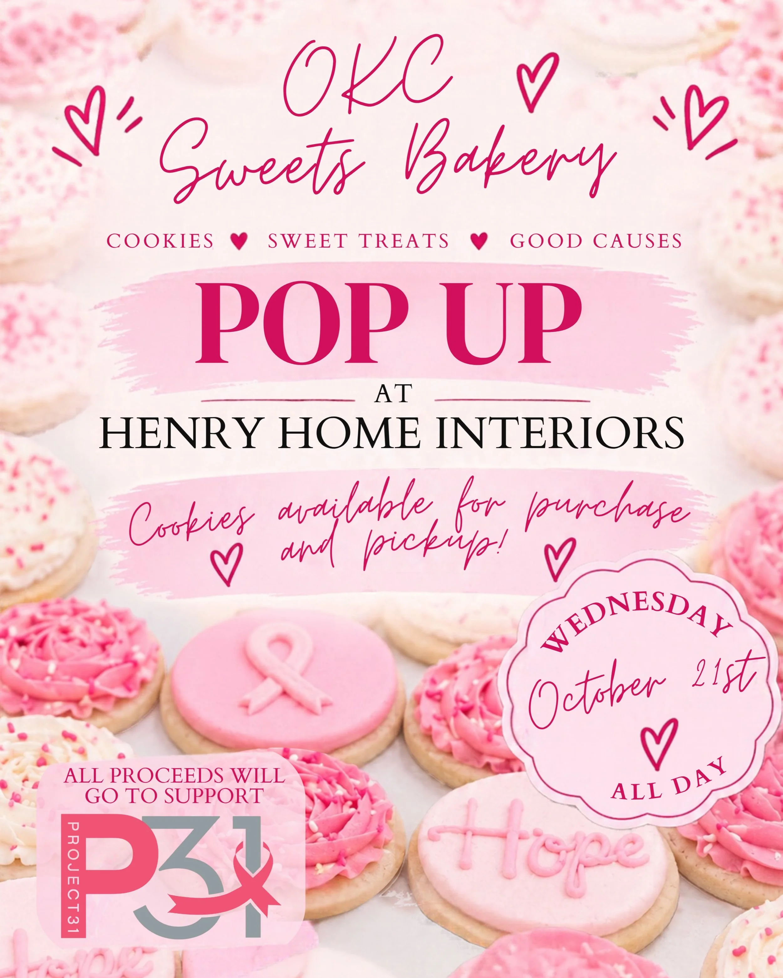 🩷 POP into HHI tomorrow, 10/21, for a special @okcsweetsbakery pop-up benefiting @project31com!

Sometimes social media brings people together in the most meaningful ways. Our owner, Katelynn, and Stefanie, owner of OKC Sweets Bakery, connected thro