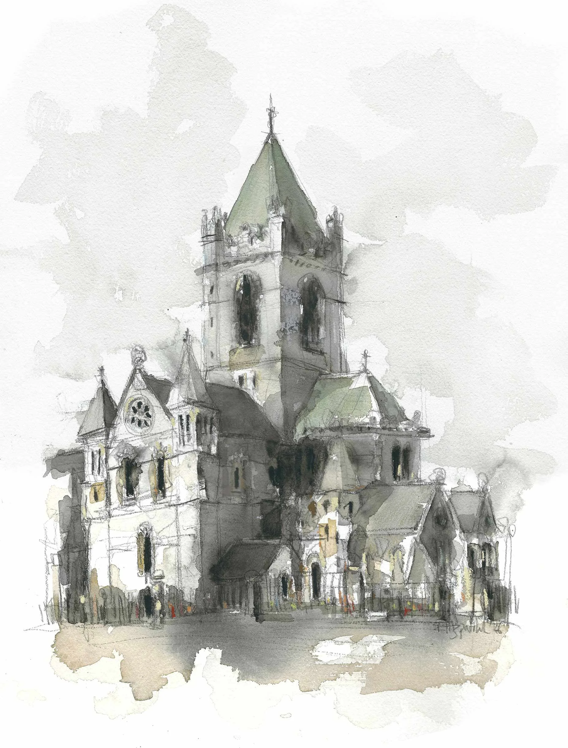 Christ Church Cathedral Dublin - Study.  Unframed Pencil and watercolour