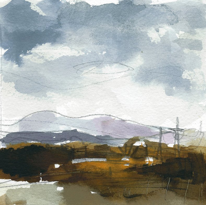 On the Road to Waterville, Co Kerry - Study. Mixed media original painting. 13 x 13cms.