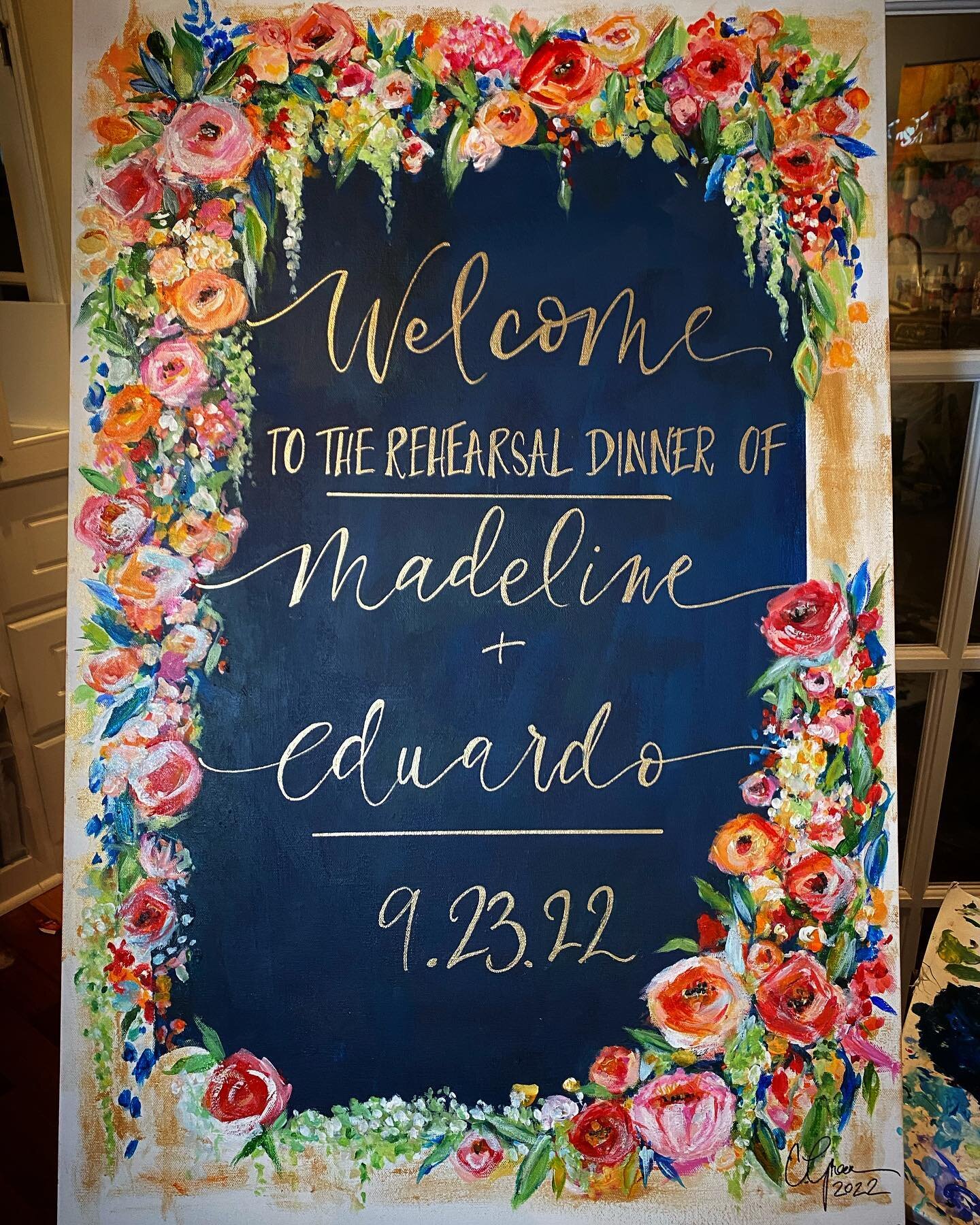 They had me at &ldquo;Spanish Hacienda&rdquo; color palette&hellip; 😍 Original acrylic florals + hand calligraphy on canvas. Thanks for letting me be part of another rehearsal dinner celebration @jeweltpropst!