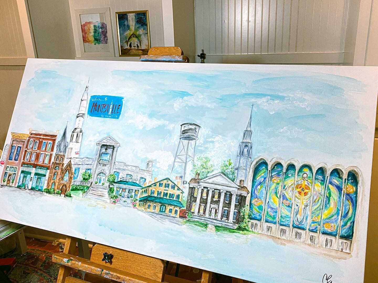 Annnnnd she&rsquo;s done! Largest original I&rsquo;ve created to date: a customized Huntsville Cityscape in acrylic on 24&rdquo; x 48&rdquo; canvas. I could paint Huntsville all day and never get tired of it 😍