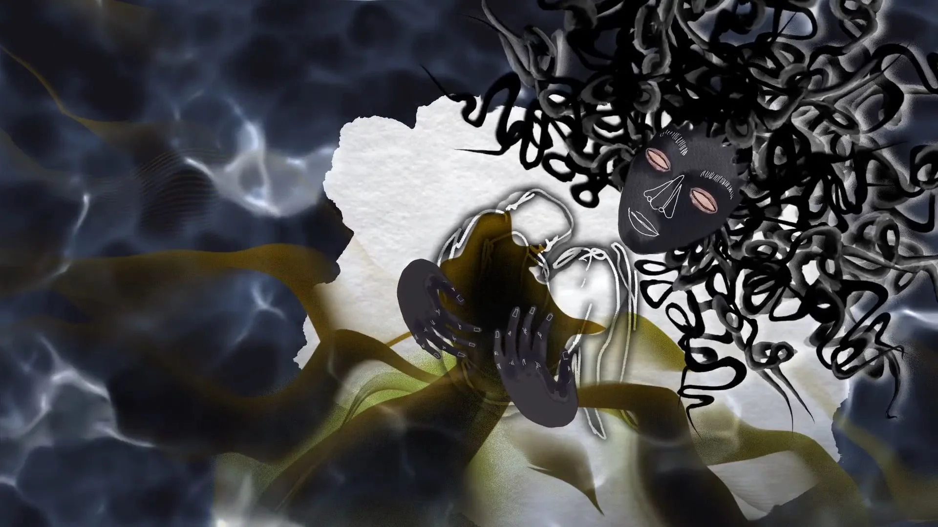 Animated image of dark figure in white rocking a body under the surface of the water
