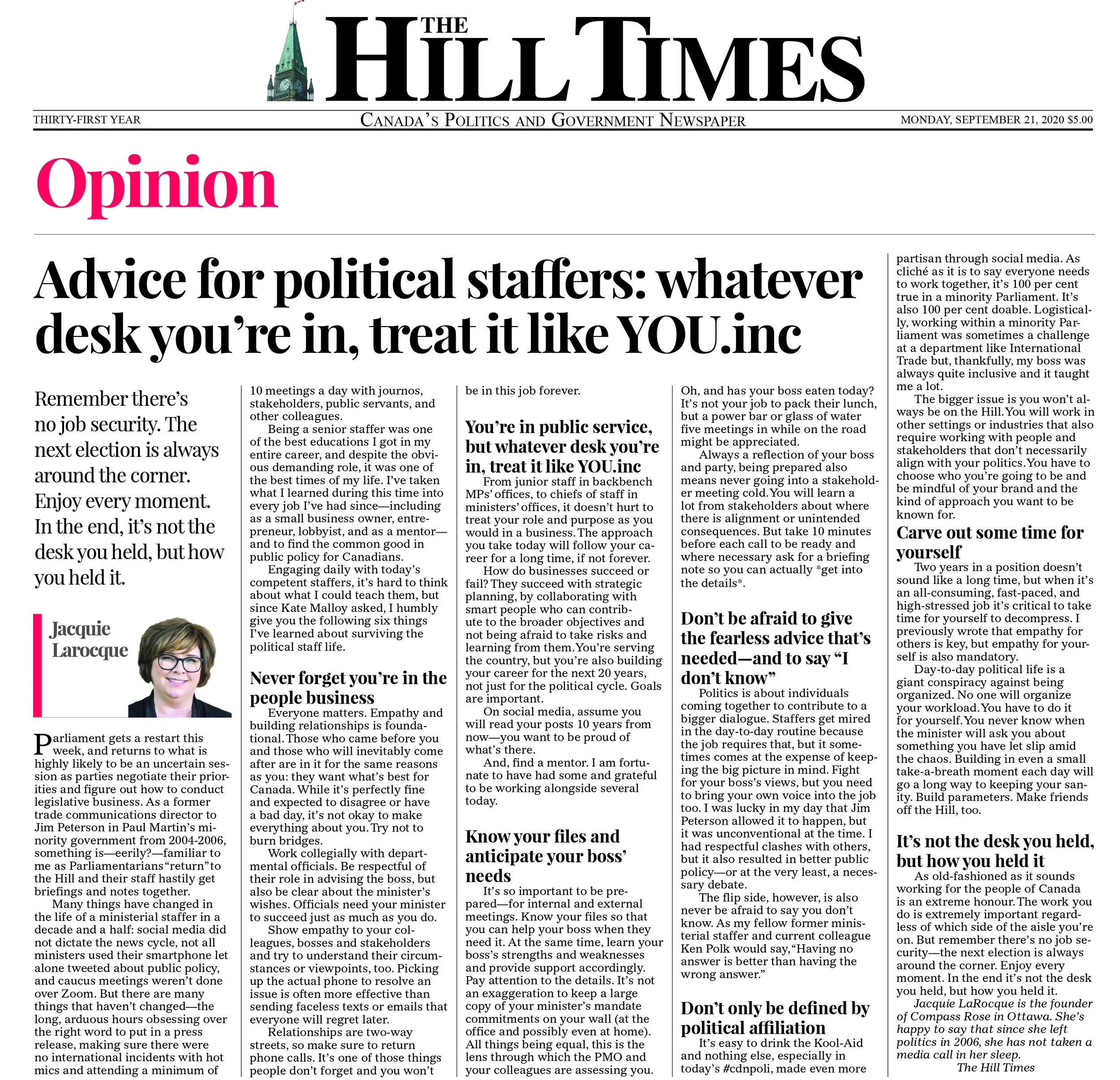 Hill Times column by Jacquie LaRocque - Advice for political staffers: whatever desk you’re in, treat it like YOU.inc