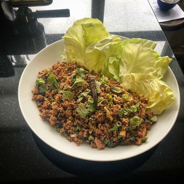 If you can dream it, you can larb it. Gefilte fish larb. Actual gefilte fish. Part of our Thai Passover. More in stories, etc. Totally normal Seder.