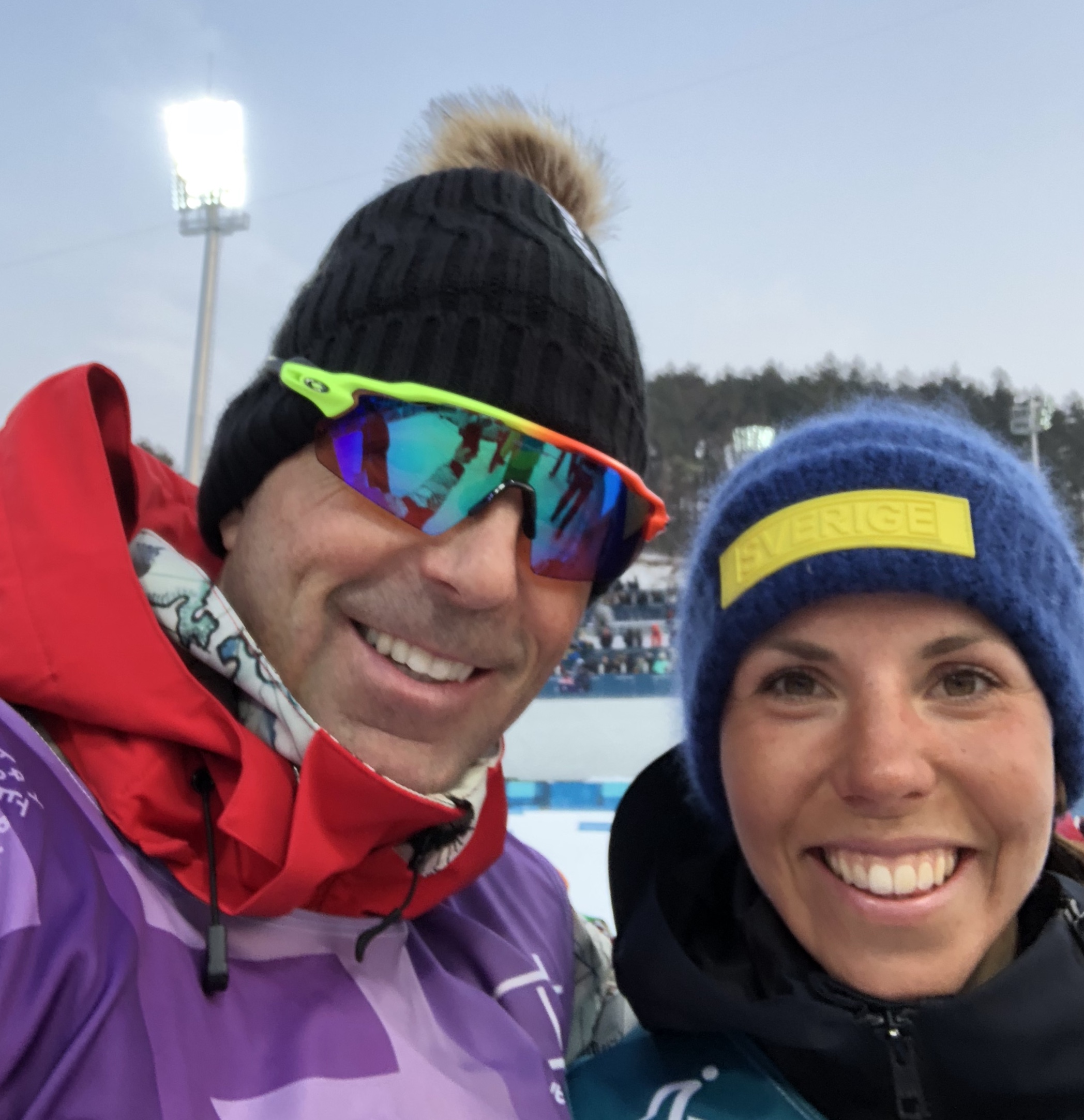 Photo with Charlotte Kalla (Sweden) after she just won the skiathlon. First medal awarded at the 2018 Olympic Games.