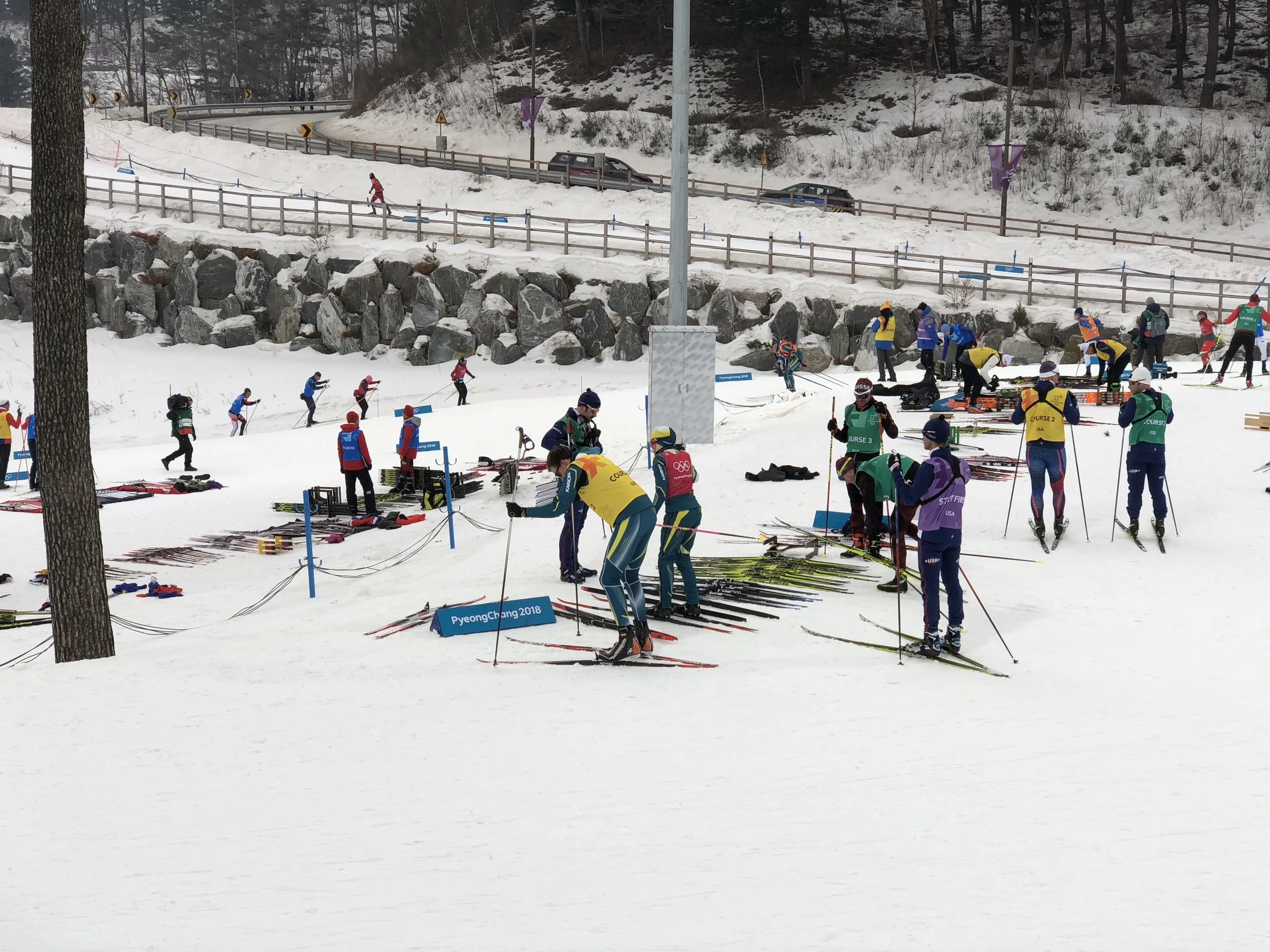 Ski testing area at the cross country skiing venue. Busy place on the track.