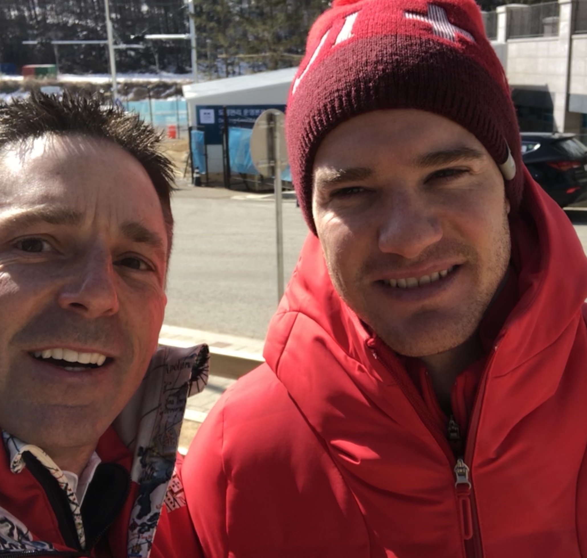 Photo with Dario Cologna from Switzerland after breakfast before he went on to win the men’s 15 km skate race. Dario won the 15 km race three Olympics in a row, incredible.