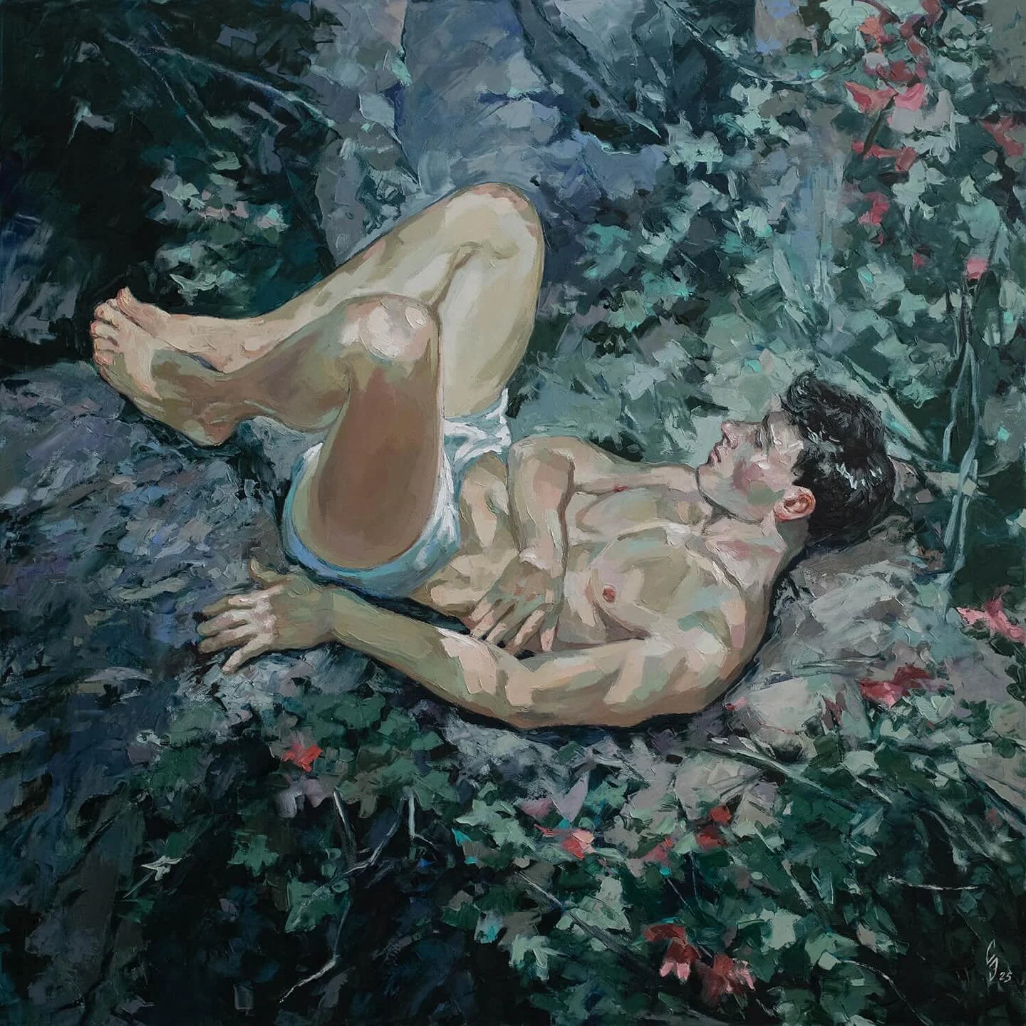 Dear friends and collectors, colleagues in art. New painting: “Inside the Stillness”
A figure dissolved in greenery — silence, coolness, and flickers of light on the skin. A moment when everything stops — the body and the thou