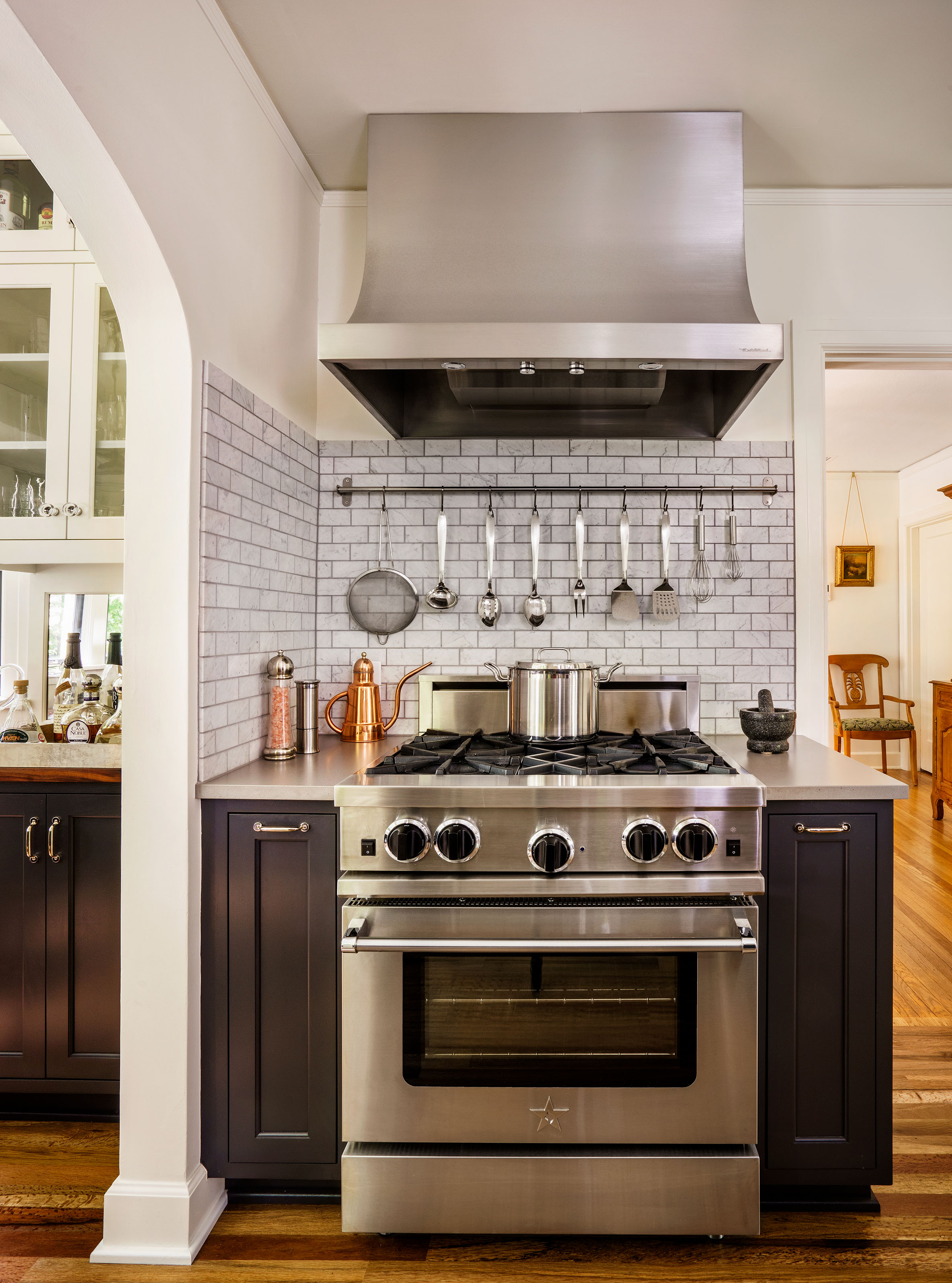 Stainless steel adds to chef's kitchen style.