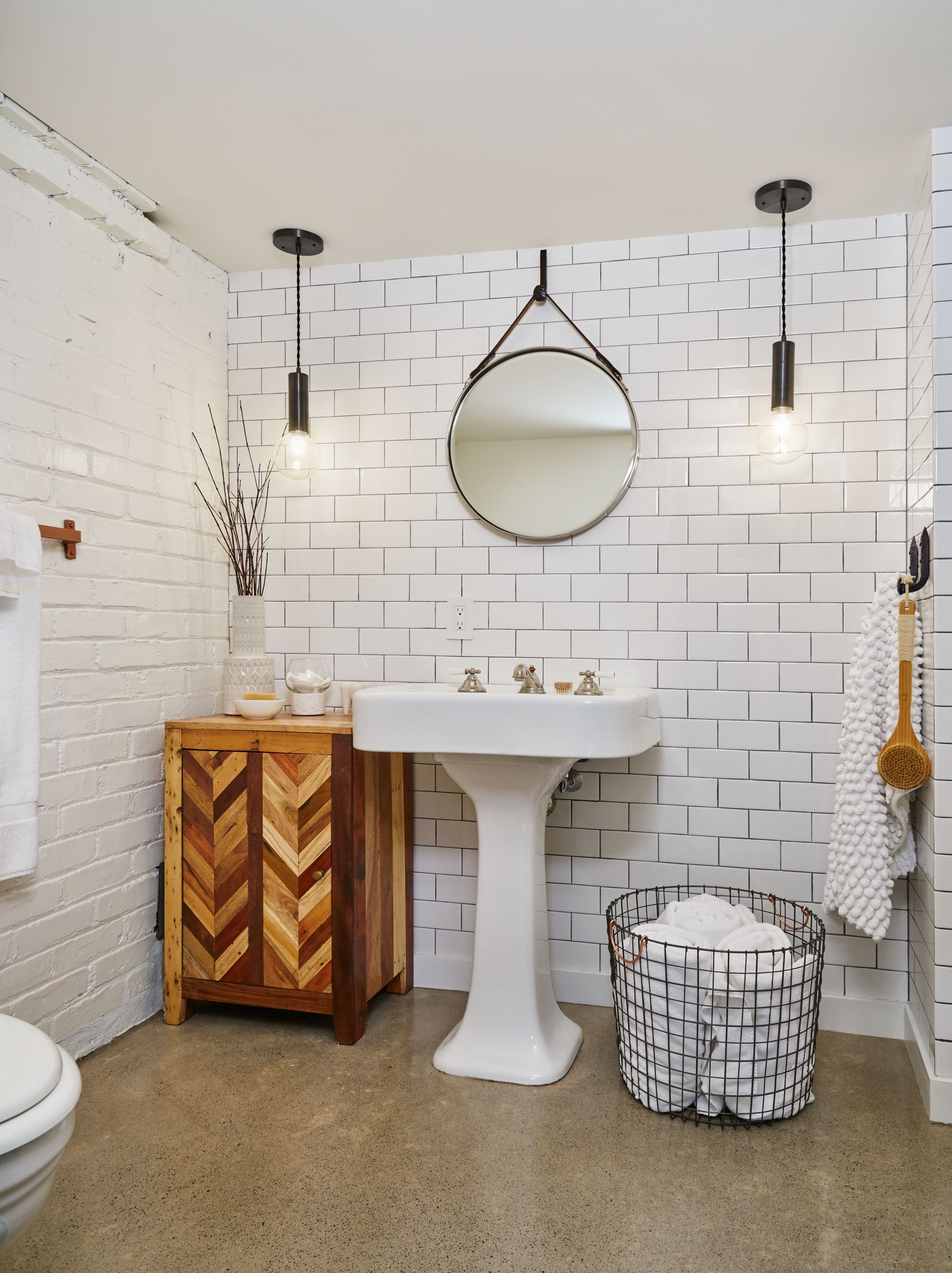 New bathroom tucked under the chimney.