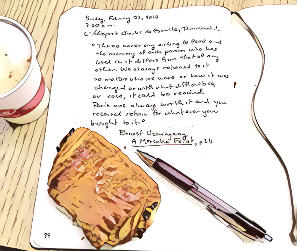 Image: Coffee,&nbsp;pain au chocolate, notebook, and pen