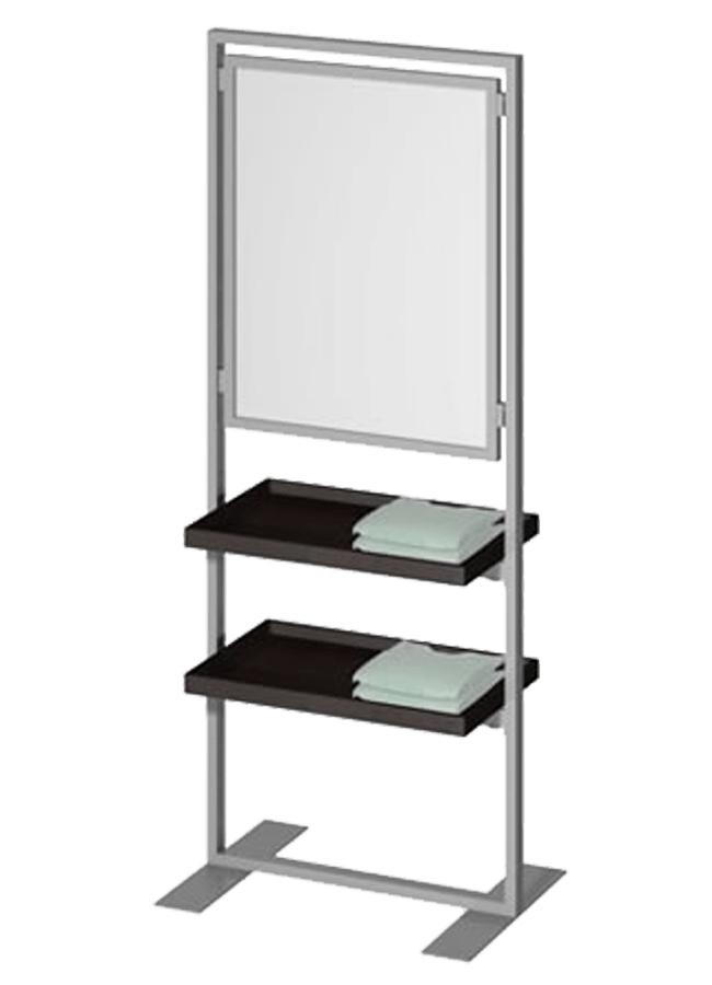 Floor Collection – Slotted Frame Merchandiser ITEM#: FS004A, SH001A 22" x 72" Hang/Fold Slotted Graphic Holder, SH001A - 22" x 28" Graphic Slotted Frame, SF005P - 24" x 32" Shelf Other finishes are available