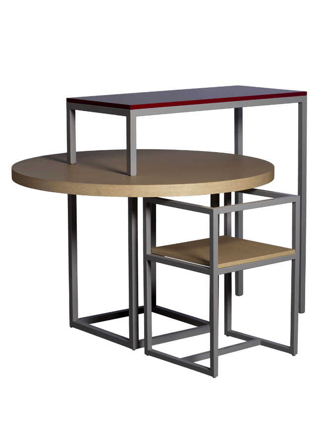 Modulaire Collection – Tables & Chair Round Table - 48" dia top, 31" h w/ 24" sq base, Chair - 18" x 18" x 28"h, Pivot Table - 36"w x 14"d x 46"h Other finishes are available