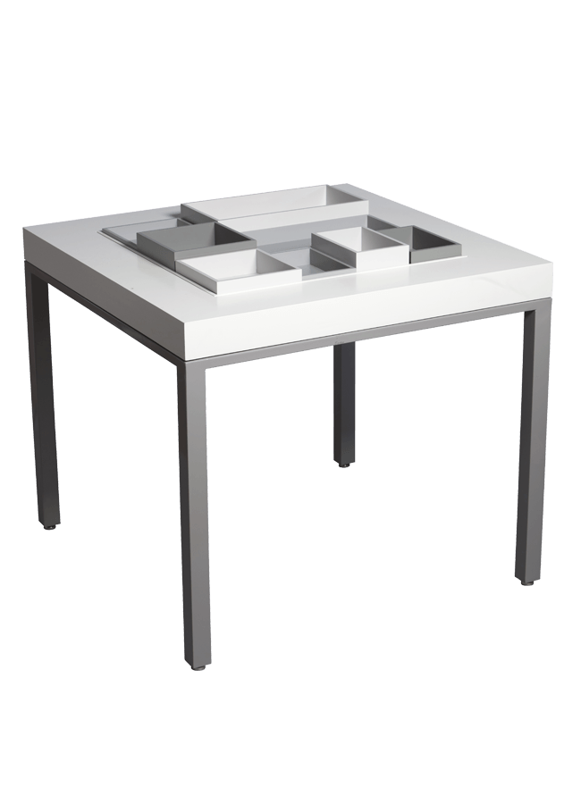 Modulaire Collection – Square Table & Trays Square Table - 40" x 40" x 34"h available open sell or solid Other finishes are available