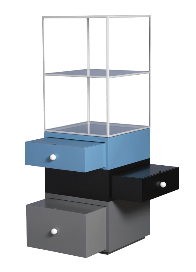 Modulaire Collection – Tower Display Stacked Tower Base: 20" w x 20" d x 13" h | Individual Tower: 20" w x 20" d x 8" h | Open Metal Cubes: 20" w x 20" d x 28" h Other finishes are available