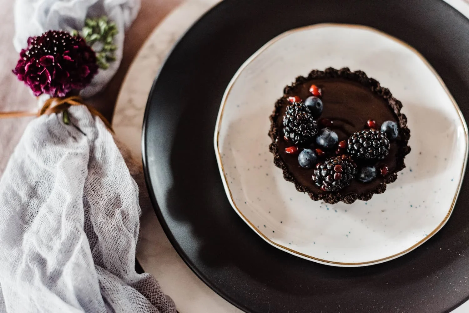 dinner plate with chocolate tart at historic bed and breakfast.jpg