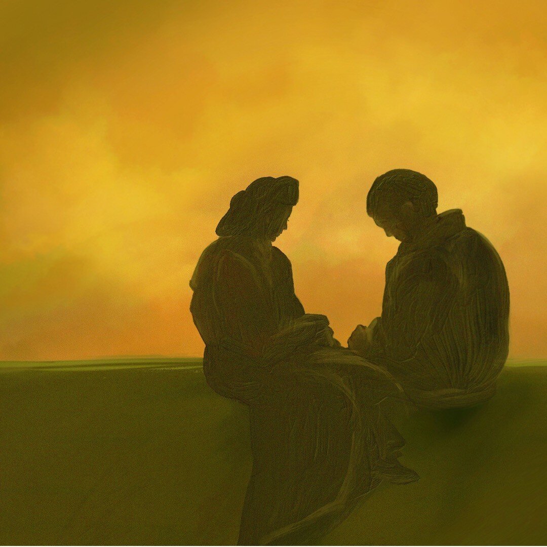 Farewell at sunset. 
半生缘，叔惠和翠芝在清凉寺山顶。
.
.
.
.
.
.
.
.
.
.#adobefresco #illustration #zhangailing #eileenchang #love #farewell #moviescenes #silhouette #sunset
翠芝后来退了婚，也做了种种尝试，可是最终还是和叔惠无缘。