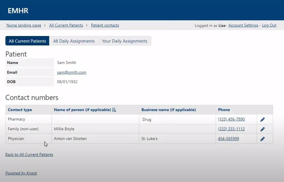 Example patient record page with personal information and a table of contact numbers