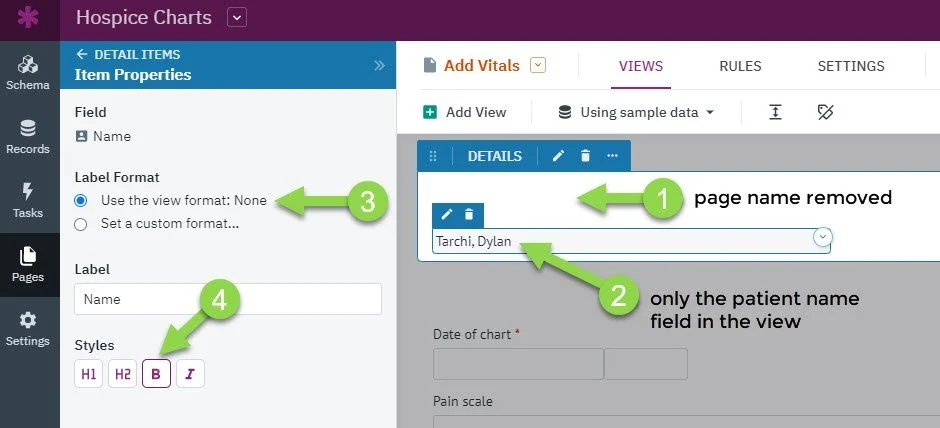 Annotated image of the Knack builder, showing standard layout and design elements.