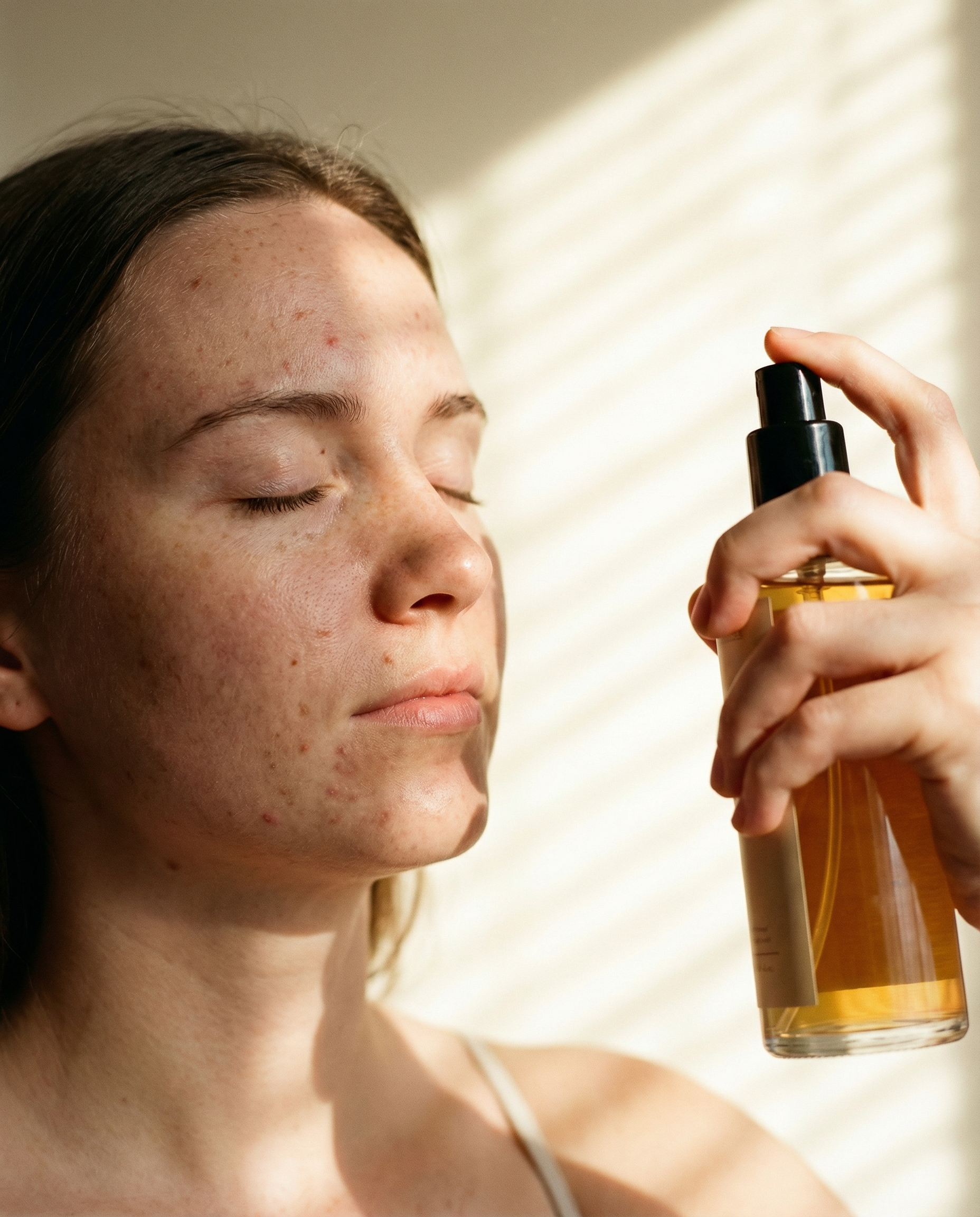 Generated with Kive.ai - soft light_ sunlight coming in through blinds_ caucasian female model spraying her face with the toner_ give her skin imperfections.png