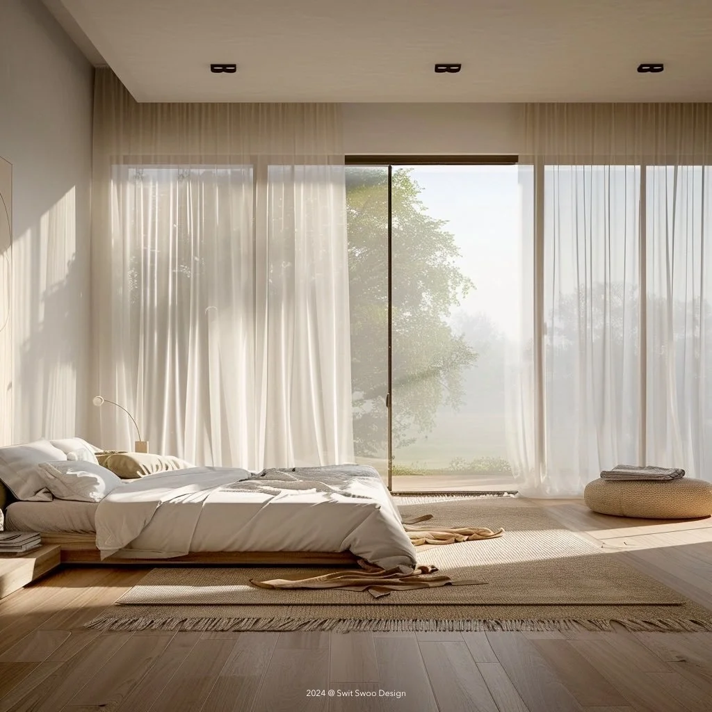 Calm and minimally styled bedroom perfect for a good nights sleep. It features floor to ceiling windows dressed in sheer linen and is furnished with other natural materials such as wool, wood, cotton and silk. #architecturaldesign #minimalstyle #inte