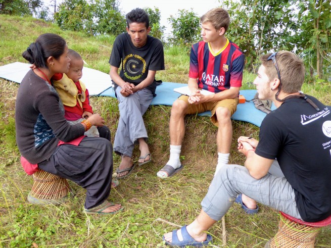    Grant, Pradeep, and I interviewing Goma Gurung, a local teacher and future owner of a model earth bag home!   