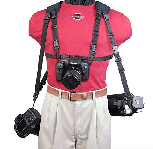 OP/TECH harness can have up to three cameras. I love the chest harness because it makes sure we won’t slam our cameras into anything, which is a real thing! $45