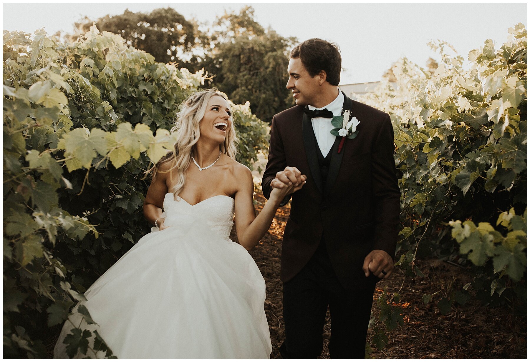 vineyard laughing bride and groom