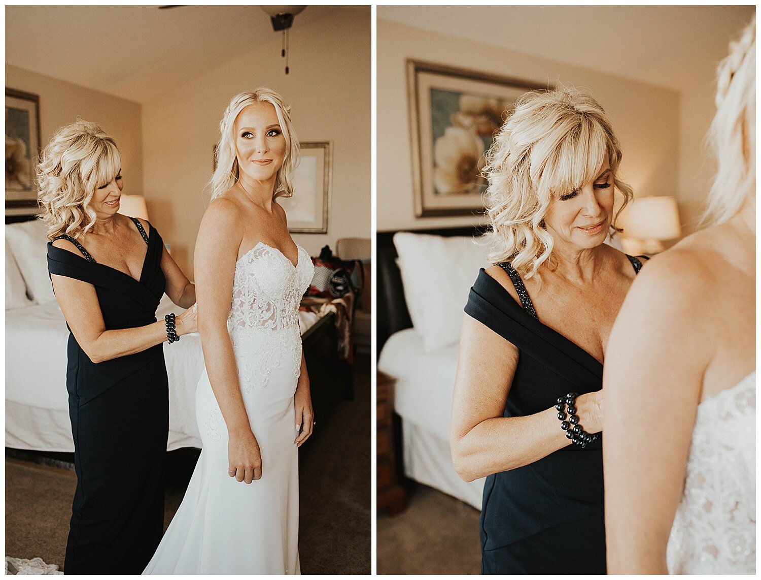 mom helping bride in dress