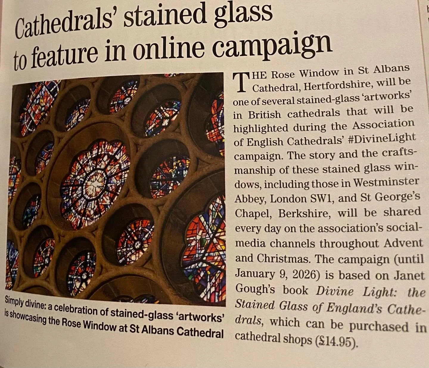 Thrilled to see 📕Divine Light: The Stained Glass of England&rsquo;s Cathedrals featured in today&rsquo;s @countrylifemagazine 

Celebrating the @englishcathedrals Advent &amp; Christmas campaign with the shifting colours of Alan Younger&lsquo;s abst