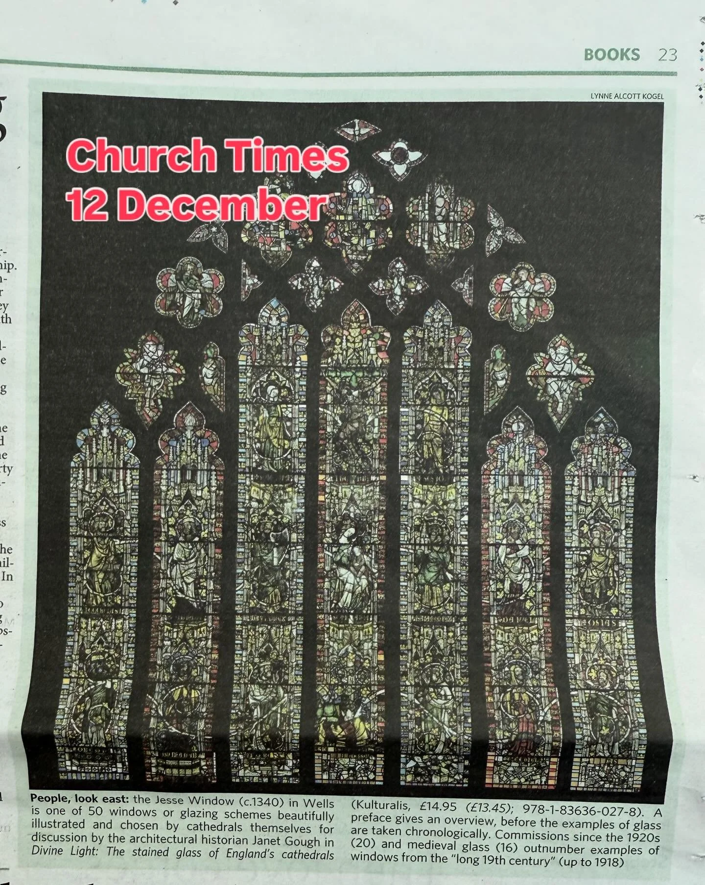 Thrilled to see 📕Divine Light featured in this week&rsquo;s @thechurchtimes (p.23), highlighted through the beautiful curvilinear Jesse Window (c.1340) at @wellscathedral ✨. Plus marvelous @englishcathedrals Christmas campaign featuring one special 