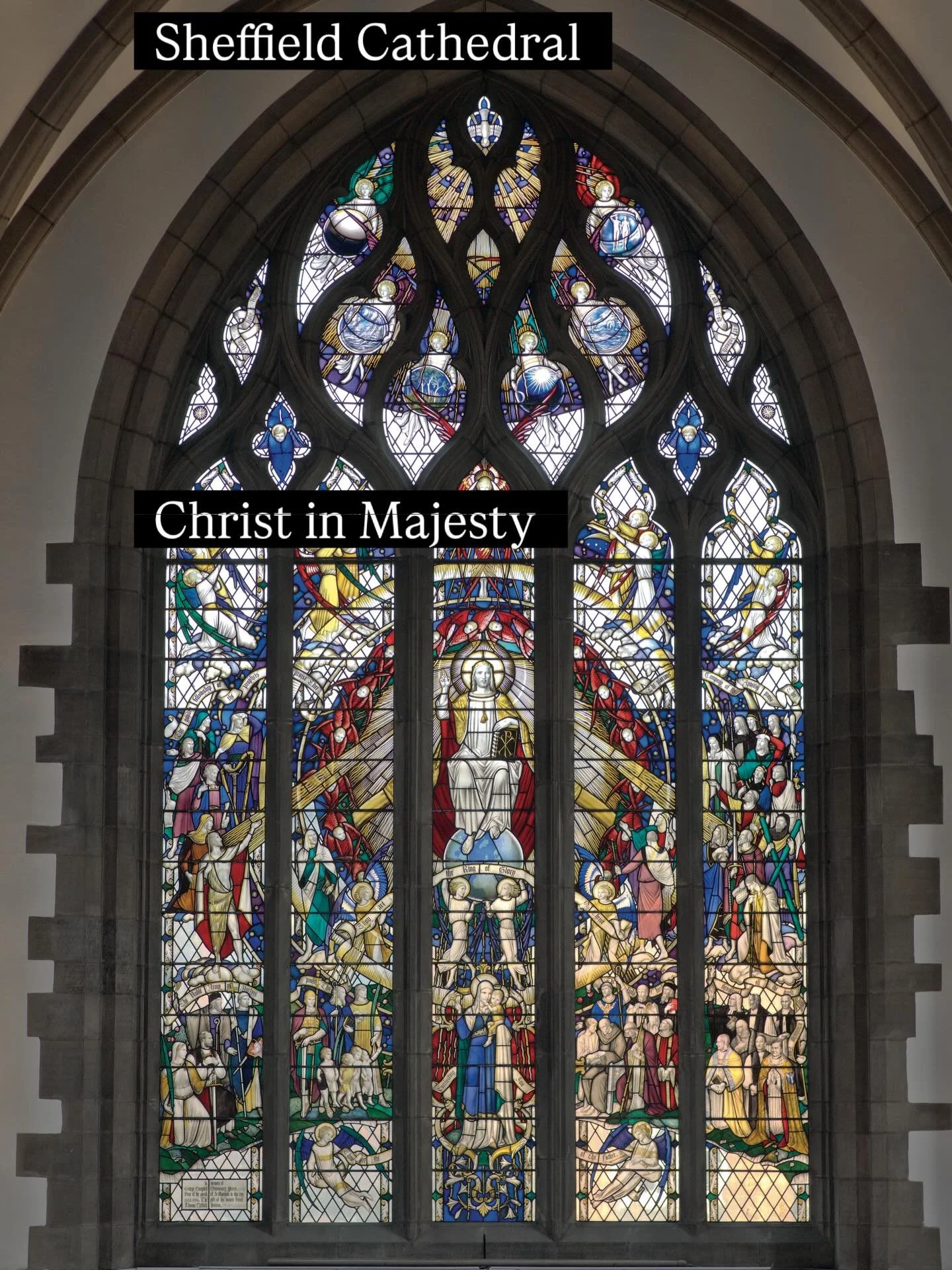 For Easter Day, Christopher Webb&lsquo;s Te Deum Window 1948 in the Chapel of the Holy Spirit @sheffieldcathedral 

Inspired# by the Te Deum, an early Christian hymn (late 4C) of praise to God for all created beings. 

At the centre of the Window, Ch