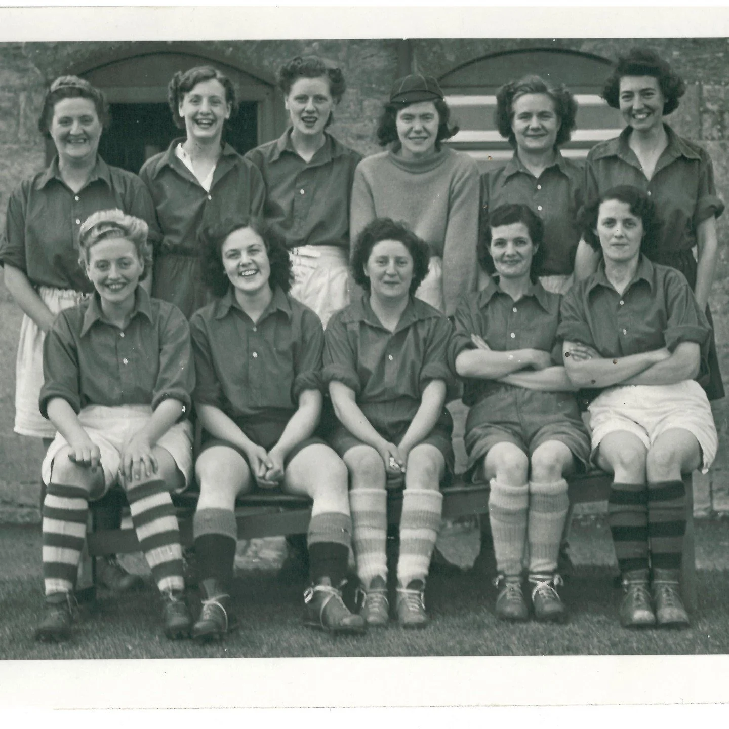 This photograph from the Duncan Young collection shows a women&rsquo;s football team who came together in 1951 to raise money for a bus shelter at France Lynch. This act of generosity seems to fit with this year&rsquo;s theme for International Women&