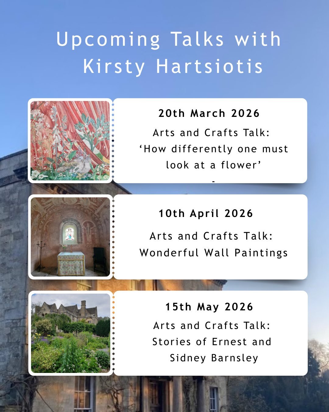 Upcoming Talks with Kirsty Hartsiotis

Friday 20th March 2026
10:30am - 11:45am
&lsquo;How differently one must look at a flower&rsquo;: Flowers, plants and nature in the Arts and Crafts Movement in the Cotswolds

Friday 10th April 2026
10.30am - 11.