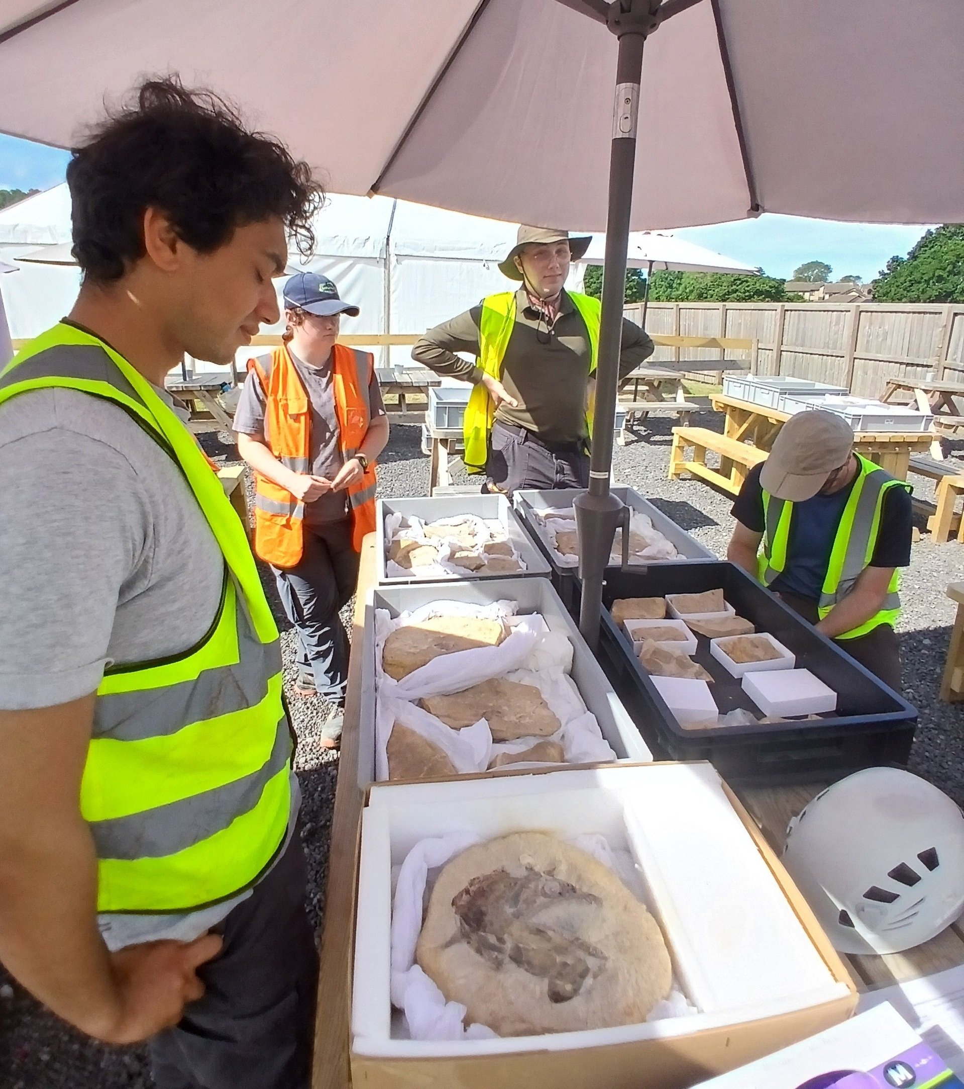 People in high vis jackets stood around tables looking at fossils