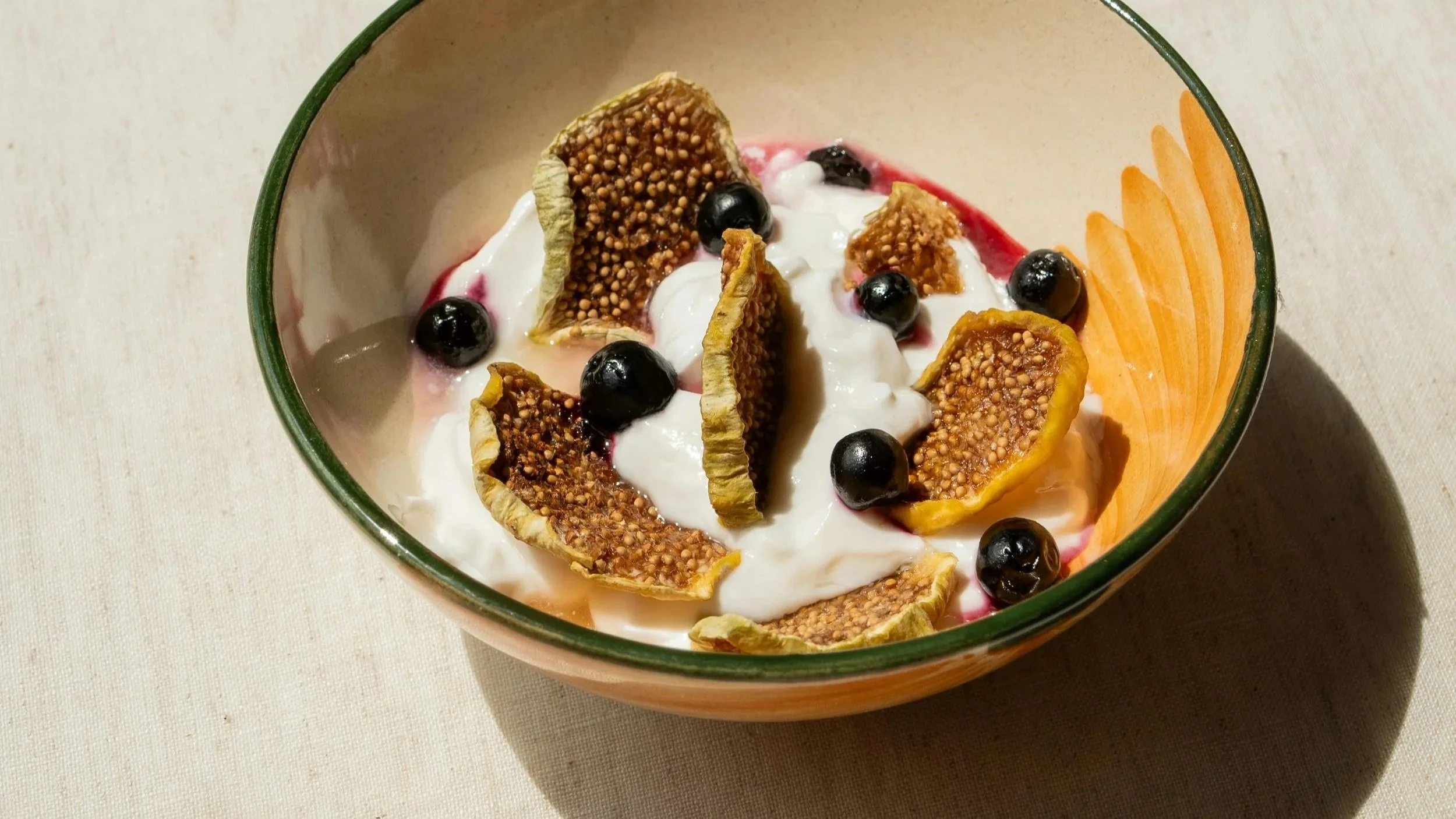 Bowl of  protein-rich Greek yoghurt with blueberries and figs, high protein meal for managing GLP-1 gut side effects