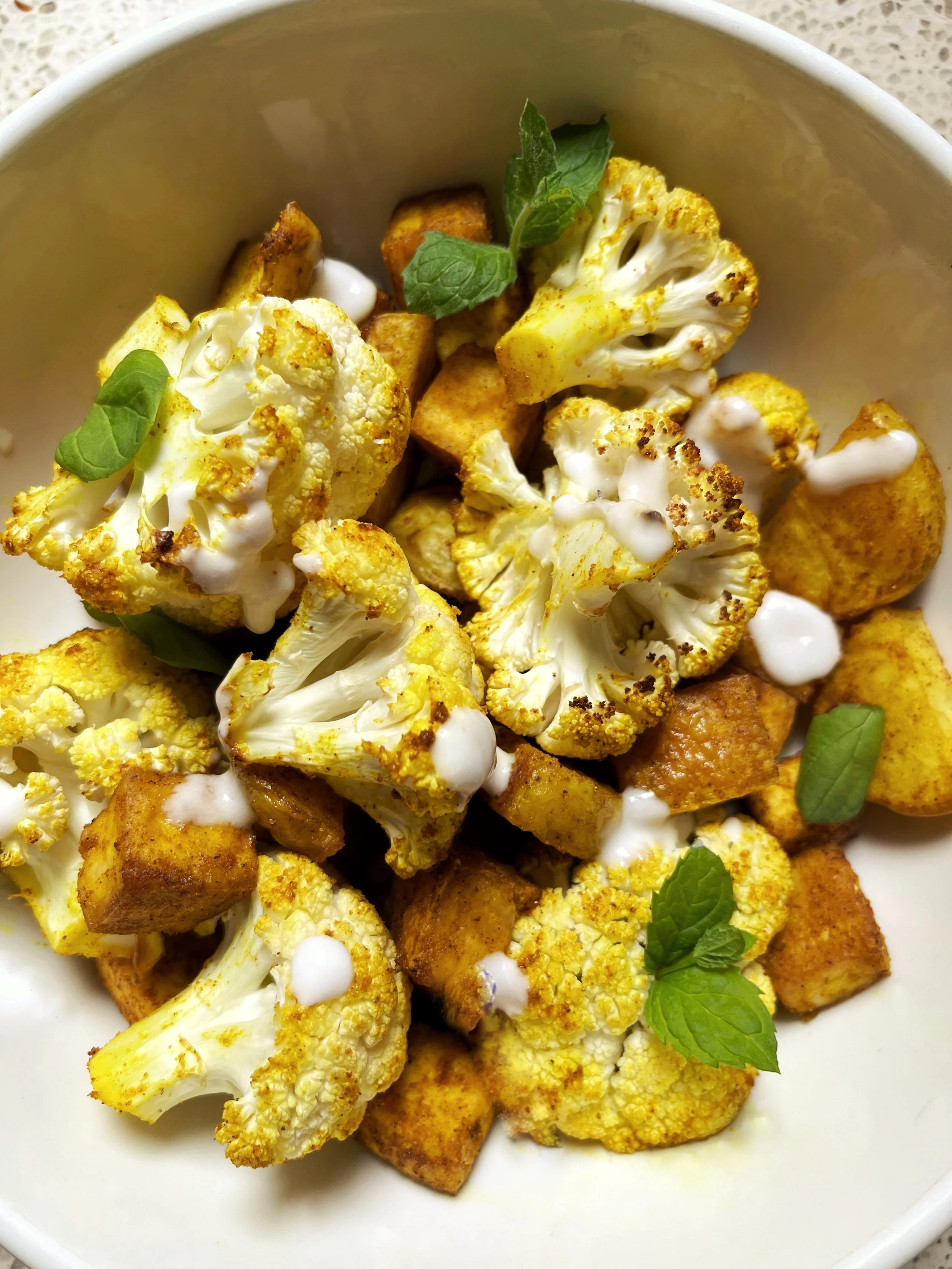 Tofu, Cauliflower and Potato Tray Bake with Lime Yoghurt