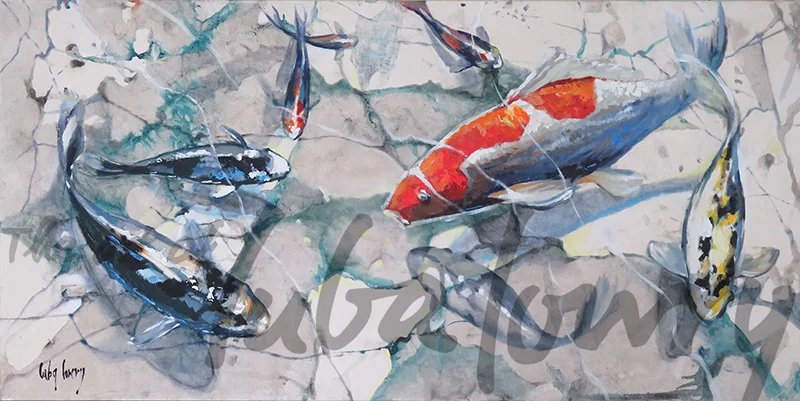 Koi by Luba Lowry, 36”x18”, Oil on Canvas x Mixed Media