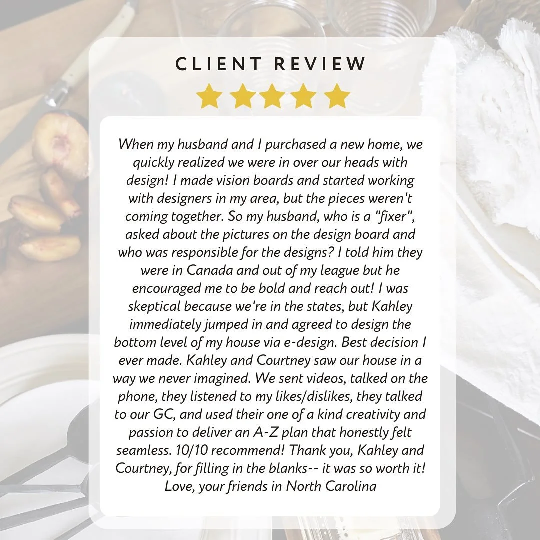 A Google review like this just melts our hearts!!! 🤍
We are so happy this client in North Carolina decided to reach out and was able to work with us via our edesign service! It was a pleasure working with them through their main floor renovation and