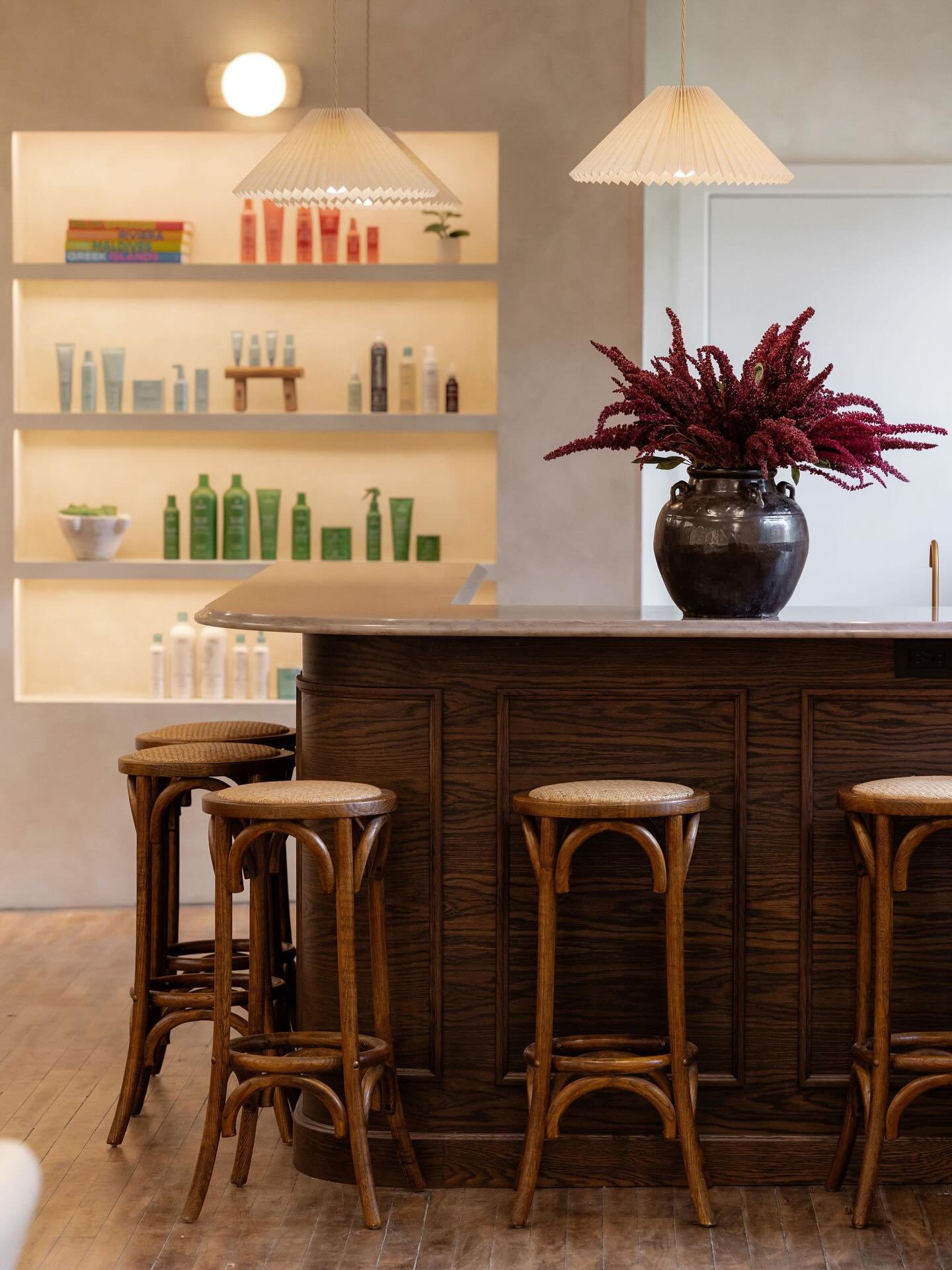 Next up at @thatchandfringe is the coffee bar! From the beginning, a rounded bar was what we wanted!  Shawn from  @shawn_brubachercontracting knocked this gorgeous warm oak curved bar out of the park for us! We leaned hard into mixing wood tones in t