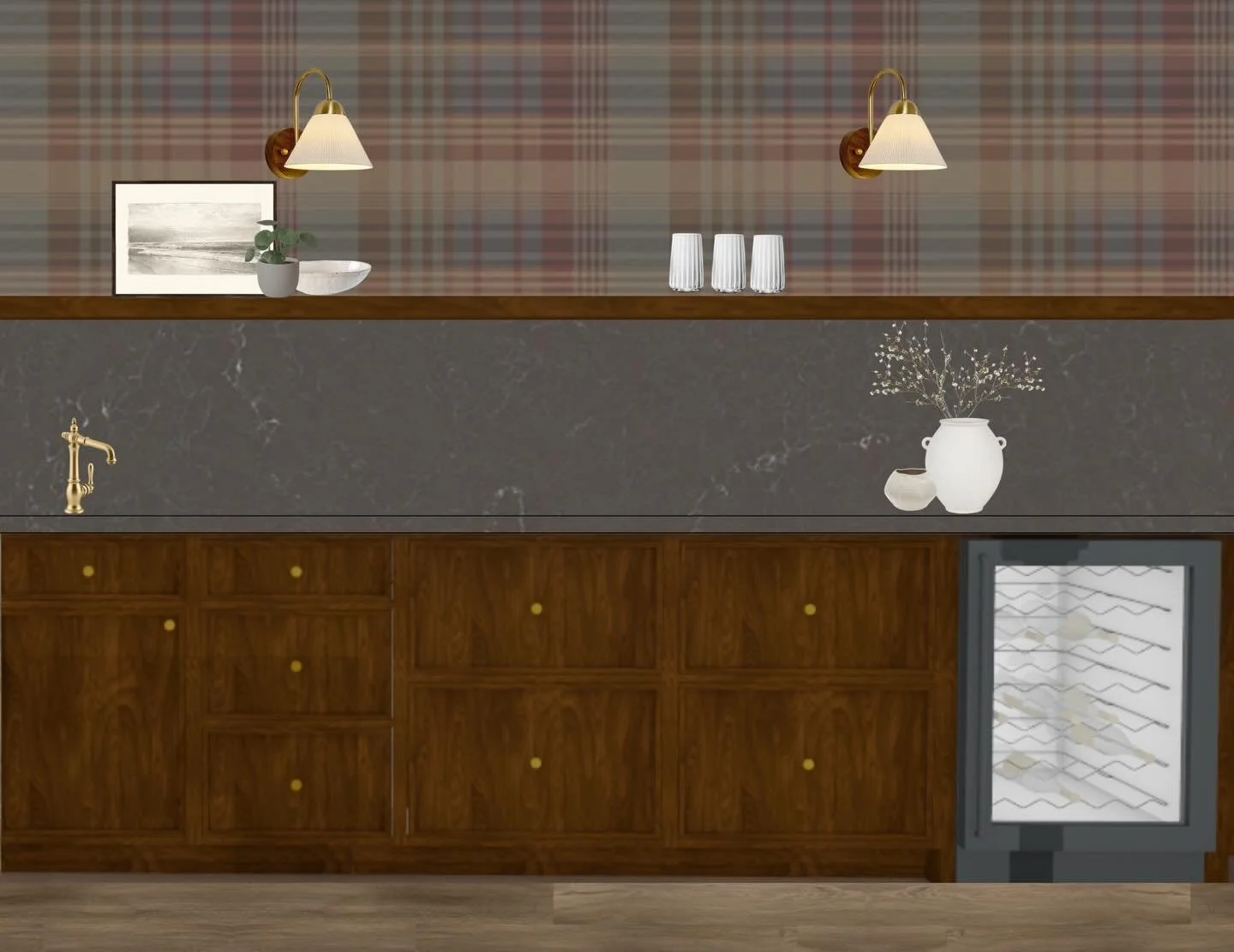 Plaid. 👏
We are obsessed with how this edesign turned out for this clients bonus room! We selected a warm plaid with hints of brown, burgundy and navy blue paired with a milk chocolatey paint colour! On the list of must haves: Cozy lounge furniture,