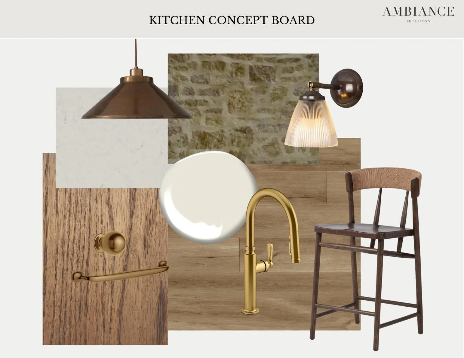 Warm blonde wood tones, soft stone textures, aged brass details, and timeless character, this kitchen &amp; laundry eDesign is came together beautifully. 

From the concept board to the render, every detail was thoughtfully selected to create a warm,
