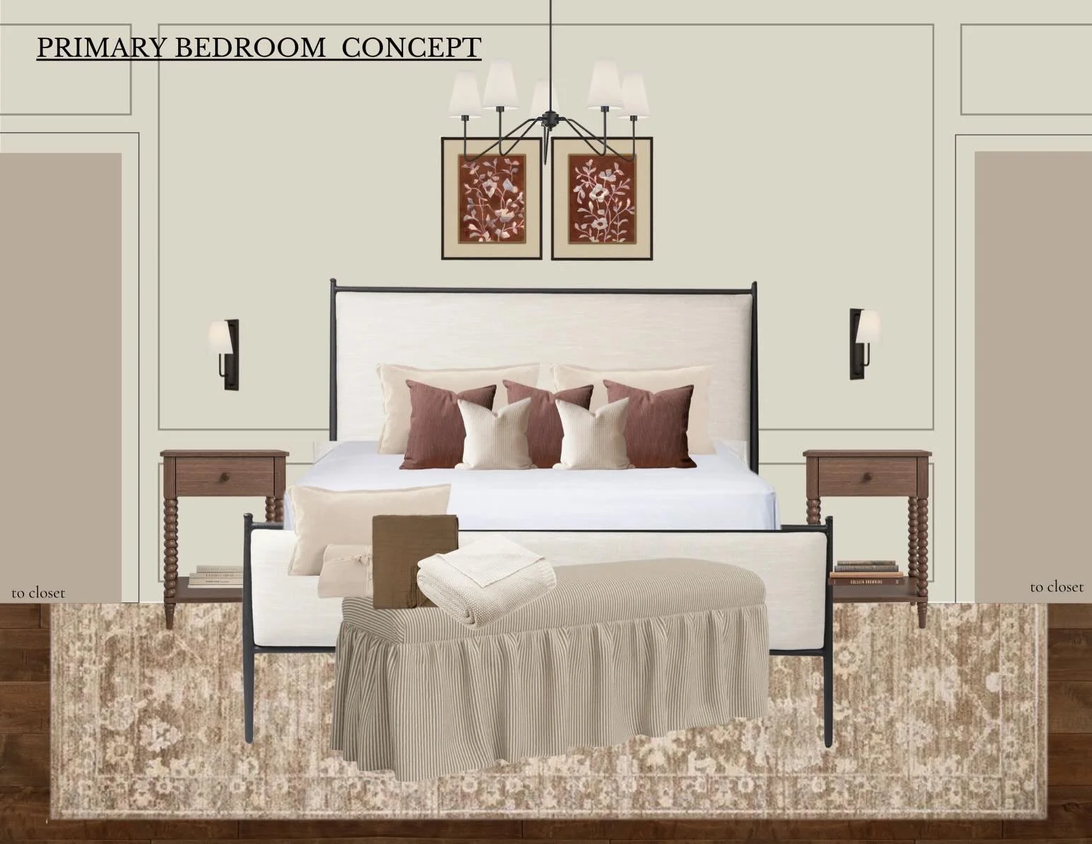 This primary bedroom concept was designed to feel calm, collected, and effortlessly inviting. From the layered neutrals to the rich wood tones and tailored finishes, every element works together to create a space that feels equal parts elevated and c