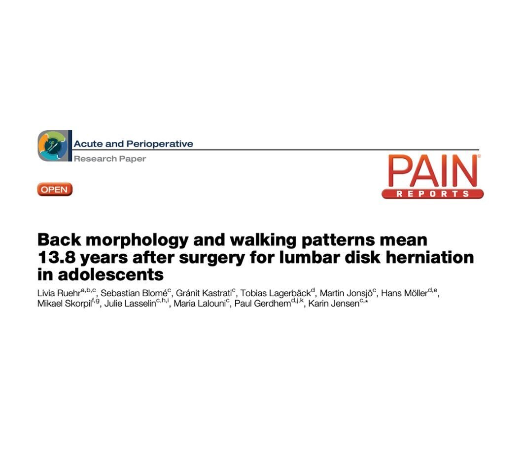 PUBLISHED MANUSCRIPT IN PAIN REPORTS🥳

In this study, individuals who were surgically treated for lumbar disc herniation in their adolescence, &nbsp;were followed-up 13.8 years after surgery and compared with controls. Walking gait was assessed with