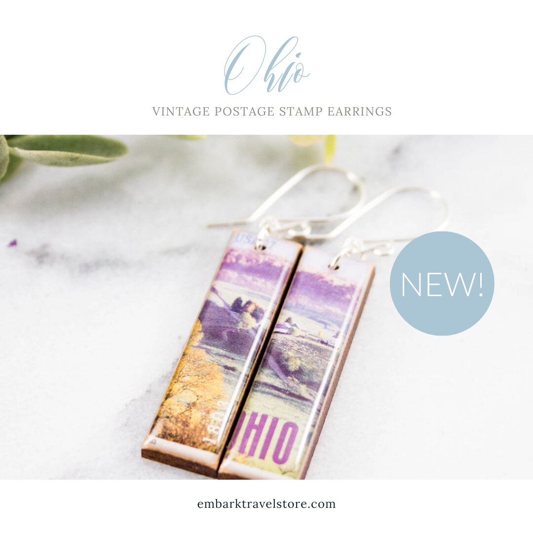 Celebrate the history and culture of the state of Ohio! A beautiful installment in the postage stamp jewelry collection, the Ohio Vintage Postage Stamp Earrings make a great gift for both travelers and natives of the Buckeye State! (Shop more from Am