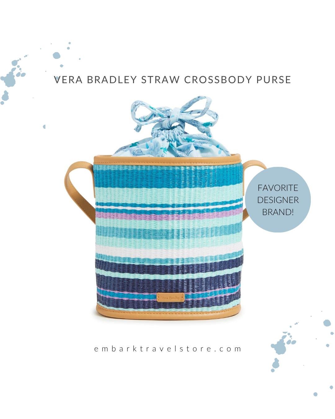Pack your essentials and head out on a summer adventure with this adorable Vera Bradley Straw Crossbody Purse in a beautiful spring mint stripe! Featuring a cotton blend print interior lining, adjustable shoulder straps, interior slip pockets, and a 