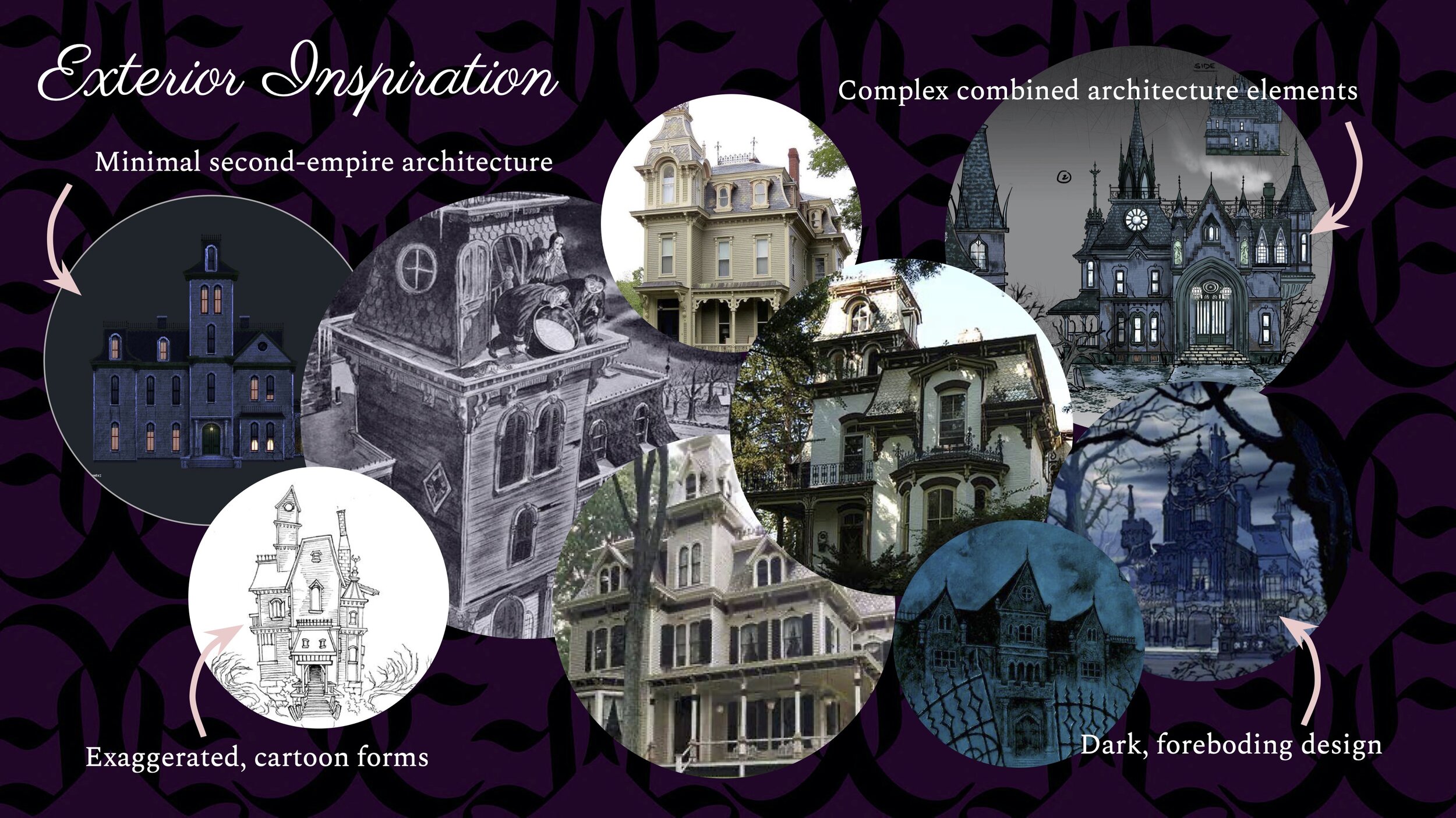 The front-facing estate facade is based upon the combination of several elements, but overall on minimal second-empire architecture. This architecture’s key features include mansard roofs, rectangular towers, and massing. In addition, it’s also char