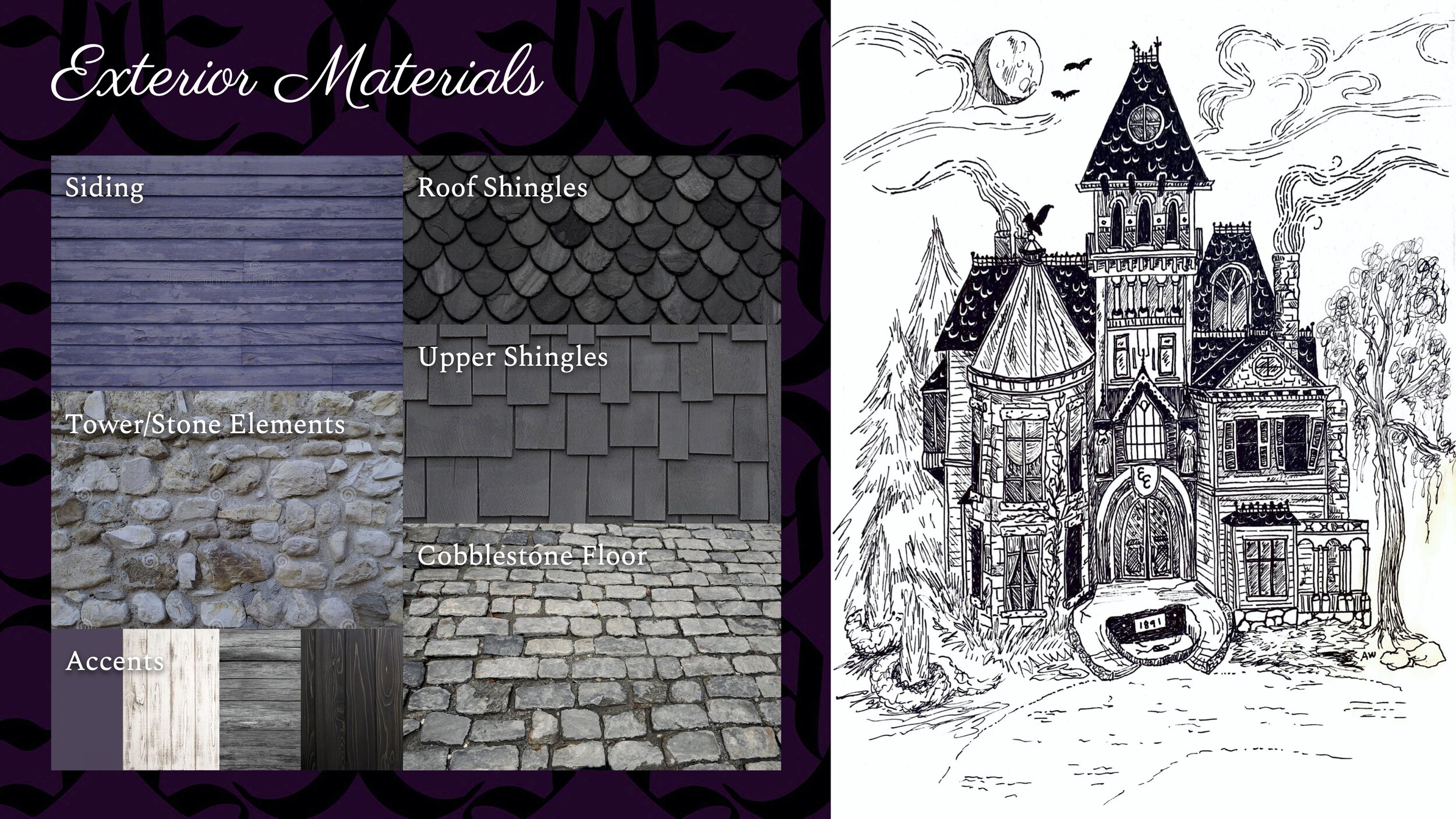 The main materials of the exterior are the siding and stone elements that make up the majority of the structure’s facade. The siding is a faded purple/blue color because we feel it comes across best as 1. something that is “spooky”, 2. a strong, mem