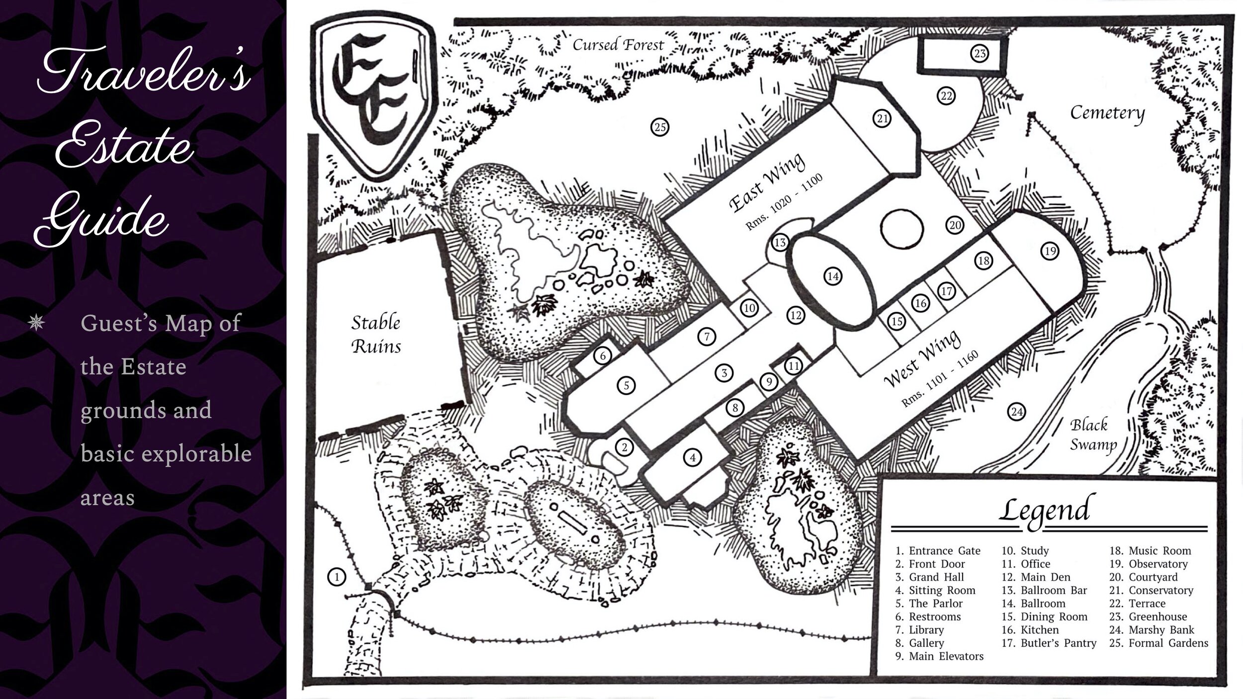 The Guest’s Estate Guide shows a layout of the Estate grounds and basic explorable areas, available in brochures or at reception. As Guests enter through the gate and fence line that defines the front of the Estate (1), if traveling by bus or other